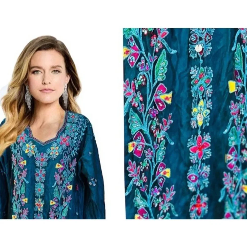 Dress gown maxi abaya turquoise green blue embroidered boho fashion - Picture 12 of 12